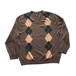 Jos. A. Bank Brown Argyle Sweater Executive Collection 80% Lambs Wool V-Neck XL